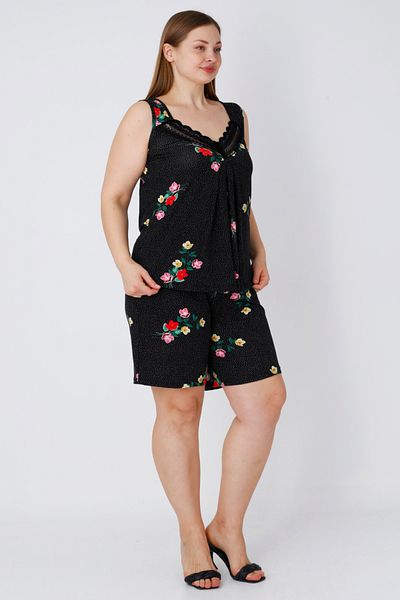 İntensive Women's Black Lace Polka Dot Floral Patterned Lycra Strap Large Size Bottom Top Nightgown Set
