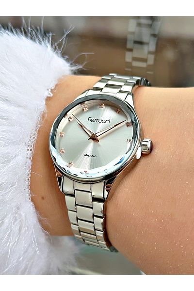 Ferrucci Special Glass Design Steel Cord 24 Months Warranty Silver Color Women Wrist Watch
