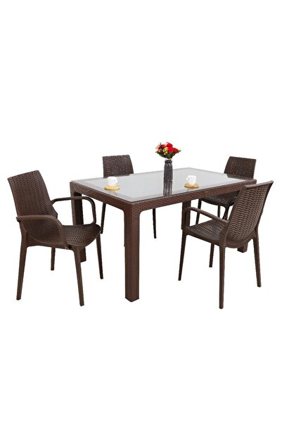 Mandella Elit Rattan 90x150 4 Kişilik Nirvana Kollu Sandalye Camlı Masa Takım...