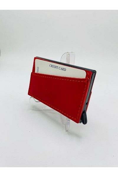 Atölyezümra Mechanical Card Holder with Genuine Leather Sheath (Red)
