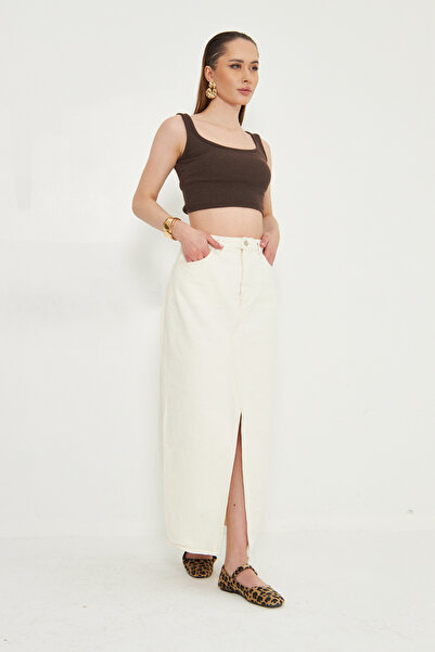 Kutaf Fusta albă din denim sport cu desfășurare lungă