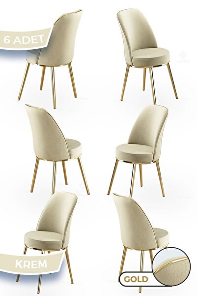 Canisa Pefa Serisi 6 Adet Krem Mutfak Sandalyesi Gold Kaplama Metal Ayak 1. Sınıf Babyface Kumaş