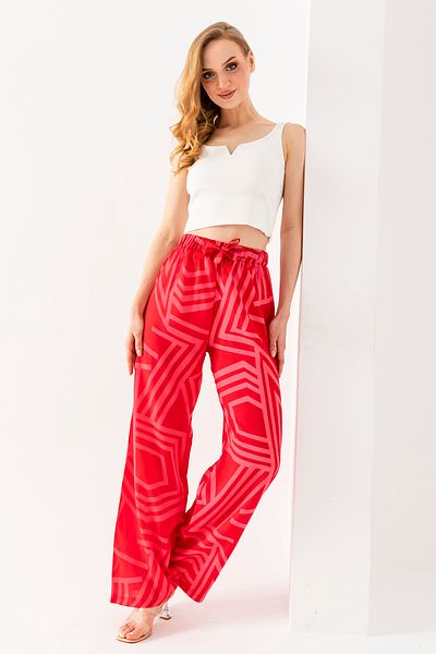 GİYSA Pink Geometric Patterned Viscose Palazzo Women's Trousers - Relaxed Fit 25001