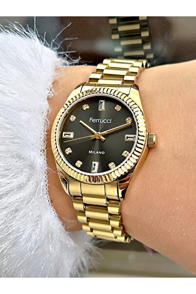 Ferrucci Özel Tasarım Çelik Kordon Altın-Siyah Renk Kadın Kol Saati