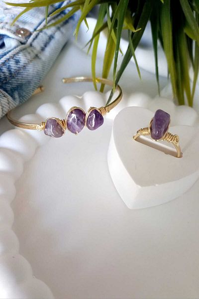 ZeynDesign Amethyst Natural Stone Bracelet and Ring Set