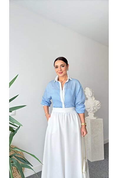 QİMYA BUTİK KEYYMOD Kadın Çizgili Yaka & Manşet & Patı Beyaz GÖMLEK
