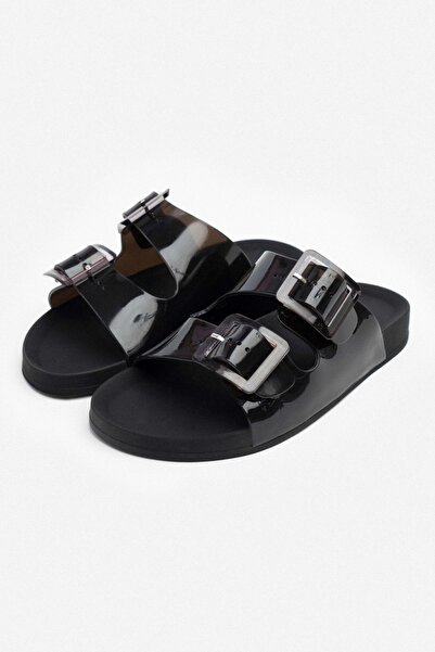 NİŞANTAŞI SHOES Marlowe Transparent Black Double Buckle Detail Flat Sole Women's Slippers