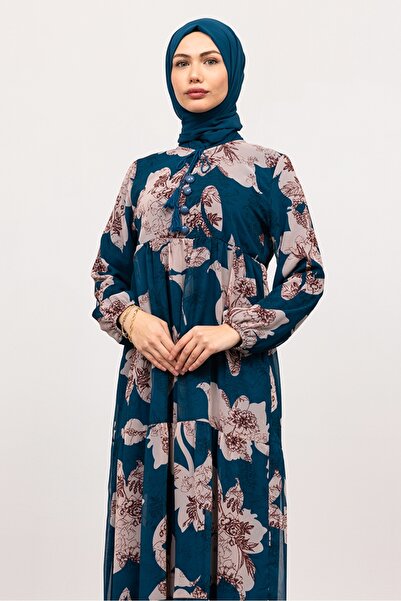 Bestenur Φόρεμα σιφόν με λουλούδια Indigo - 1351