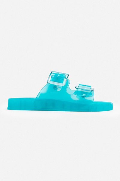 NİŞANTAŞI SHOES Marlowe átlátszó türkiz dupla csatos részlet lapos talpú női papucs