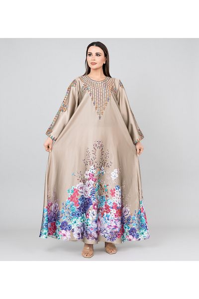 IKKXA Floral Printed Crystal Embroidery Jalabiya