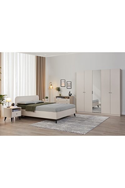 Vivense Solina Yatak Odası Takımı, 5 Kapaklı, Ahşap Başlıklı, Bej