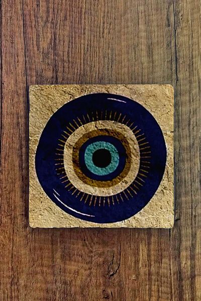 Begoloni Stone Decor Natural Stone Trivet 20X20Cm Evil Eye Bead Printed Teapot Coaster - Pot Pan Coaster