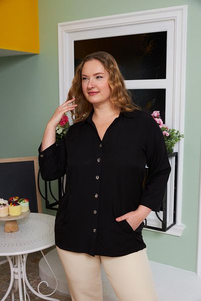 RMG Large Size Black Shirt Three Quarter Sleeve Pocket