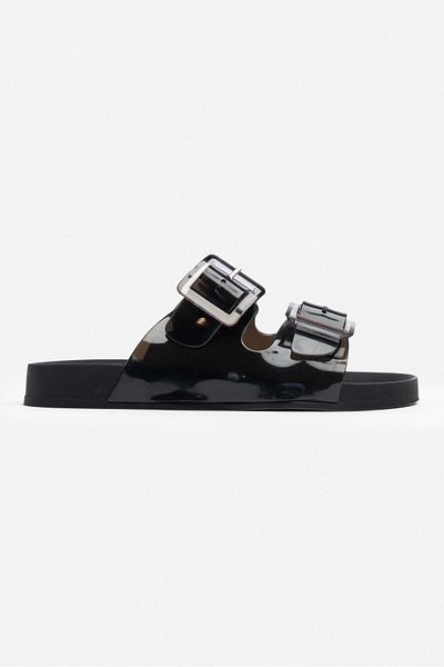 NİŞANTAŞI SHOES Marlowe Transparent Black Double Buckle Detail Flat Sole Women's Slippers