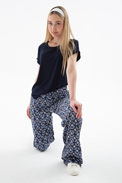 Fashion Friends Desenli Esnek Pantolon Mavi