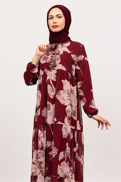 Bestenur Flower Pattern Chiffon Dress 1351 - Burgundy