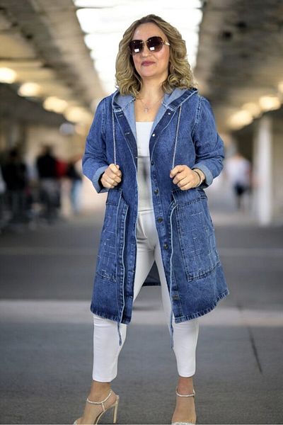 yagmurberen Metal Button Closure Hooded Stone Decoration Detail with Belt Large Size Denim Jacket