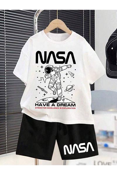 BYMEER Set de top pentru copii alb-negru imprimat NASA