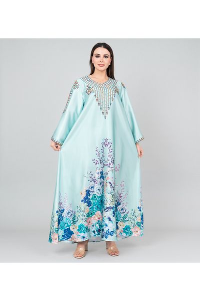 IKKXA Floral Printed Crystal Embroidery Jalabiya