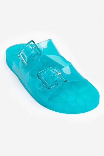NİŞANTAŞI SHOES Marlowe Transparent Turquoise Double Buckle Detail Flat Sole Women's Slippers