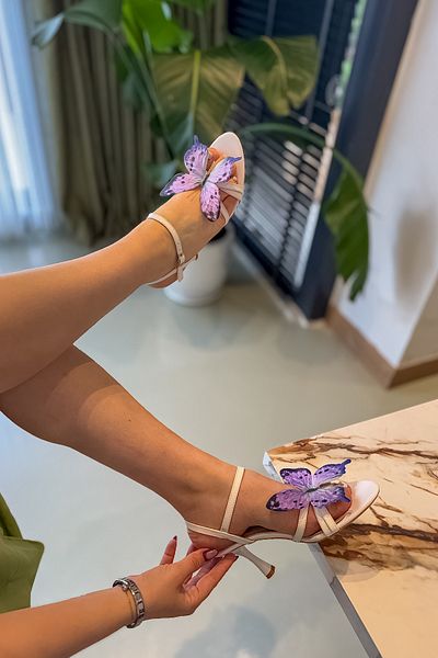 SHOEBELLAS Pantofi cu toc de damă, alb, mov, fluture, cu detaliu