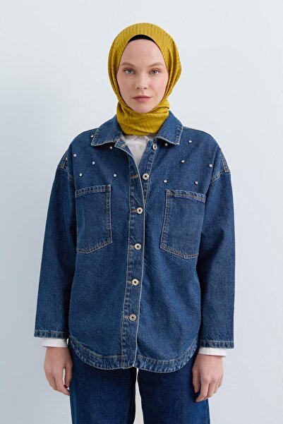 Nihan Parlak Taş Aksesuarlı Kot Gömlek Denim Ceket İndigo