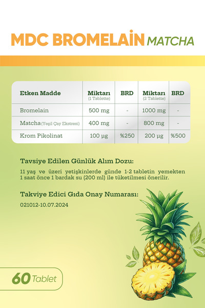 MDC Bromelain Matcha 60 Tablet 500 Mg 2400 Gdu/g (DİYET TAKVİYESİ)
