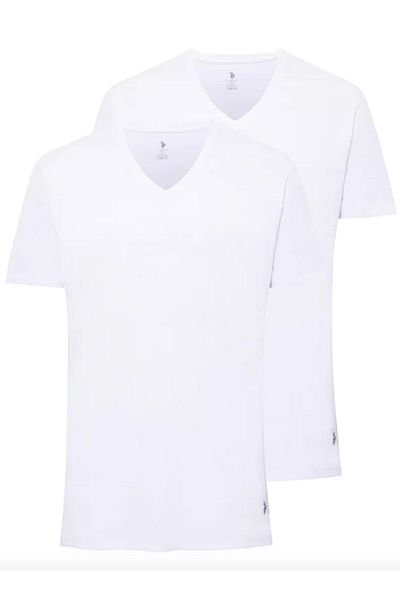 U.S. Polo Assn. قميص رجالي، مرخص، USPA، 100% قطن، مقاس كبير، رقبة على شكل حرف V، قطعتين، قميص داخلي بأكمام قصيرة