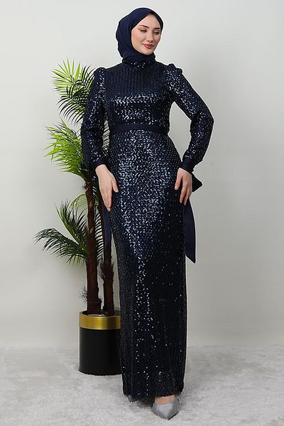 GİYZAMİLA Σατέν Λεπτομέρεια Μολύβι Φόρεμα Navy Blue