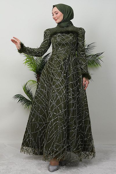 GİYZAMİLA Müge Feather Evening Dress Khaki