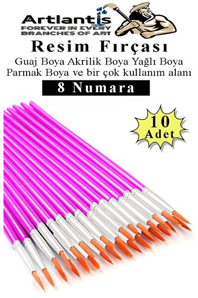 Artlantis Resim Fırçası 8 Numara 10 Adet Yuvarlak Uçlu Sentetik Resim Fırça Ekonomik Suluboya Akrilik Boya Gua