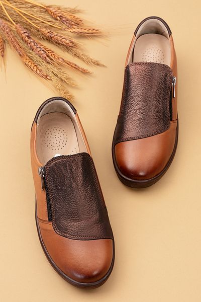 Gondol Women's Genuine Leather Anatomical Sole Wedge Heeled Casual Shoes Esfa.15401 - Tan - 38