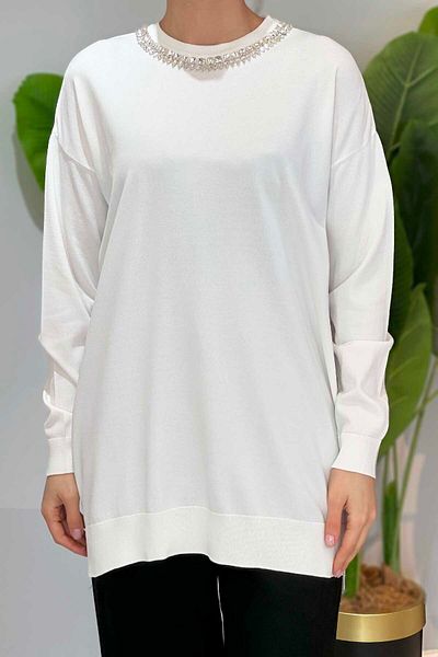 Missemramiss Stone Embroidered Maglia Knitwear Tunic Ecru Color 4710 Model