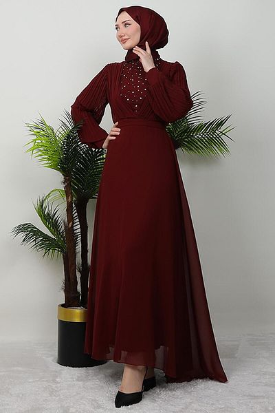 GİYZAMİLA Burgundy Chiffon Dress