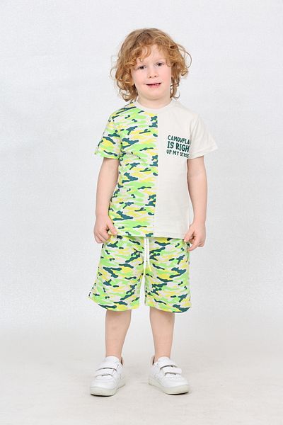 LupiaKids طقم شورت مموه مكون من قطعتين - 100% قطن - شورت أخضر وقميص بنصف طباعة