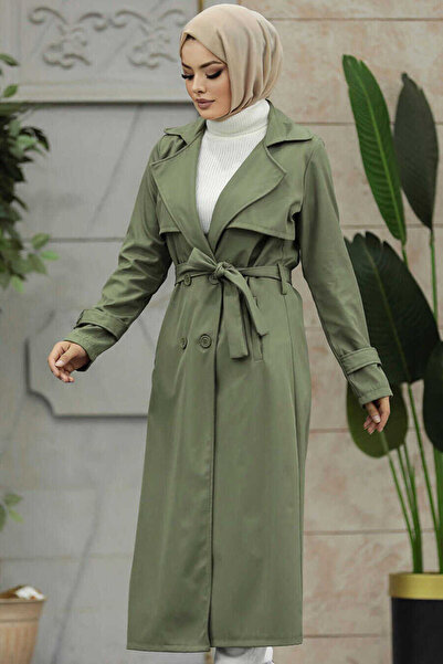 Neva Style Buttoned Khaki Hijab Trench Coat 6103Hk