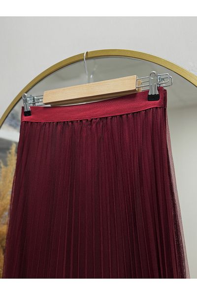 Ebrar Store Fusta cu volan din tul plisat Zümra-MT2587 Roșu Claret