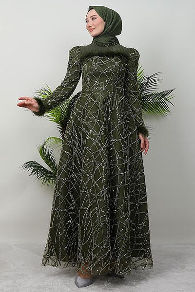 GİYZAMİLA Müge Feather Evening Dress Khaki