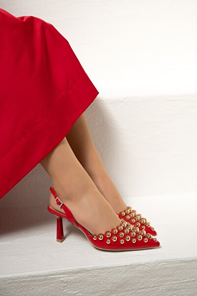 LAMİNTA Simba Kırmızı Metal Zımba Detaylı Kadın Topuklu Ayakkabı