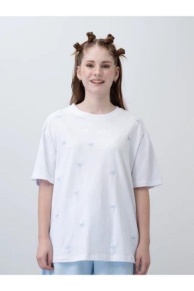 Zekids Tricou oversize cu broderie cu fundita pentru fete