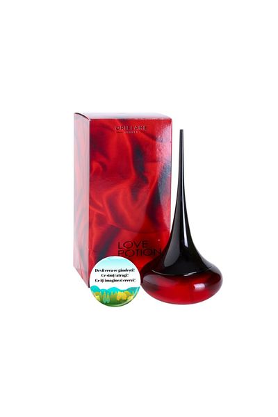Oriflame Set complet pentru Ea, parfum de femei Love Potion 50 ml, insotit de insigna cu mesaj motivational