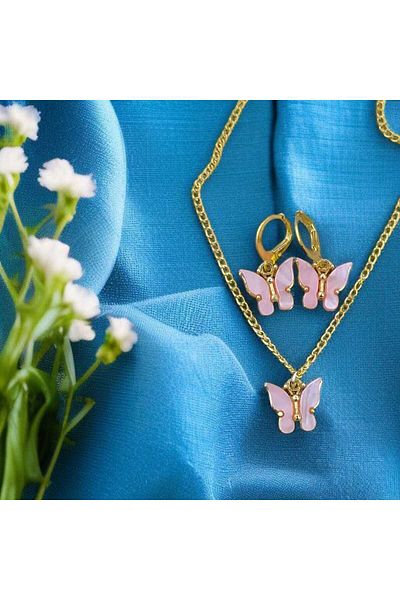 feyza collection Pink Butterfly Necklace Earring Set