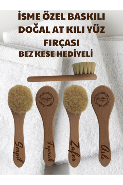 Beautysev İsme Özel Baskılı %100 Doğal At kılı yüz bakım fırçası (Bez çanta hediyeli)