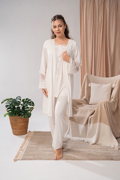 LOHOUSE Women's Ecru Special Lace Design Maternity Maternity 3-Piece Pajama Set