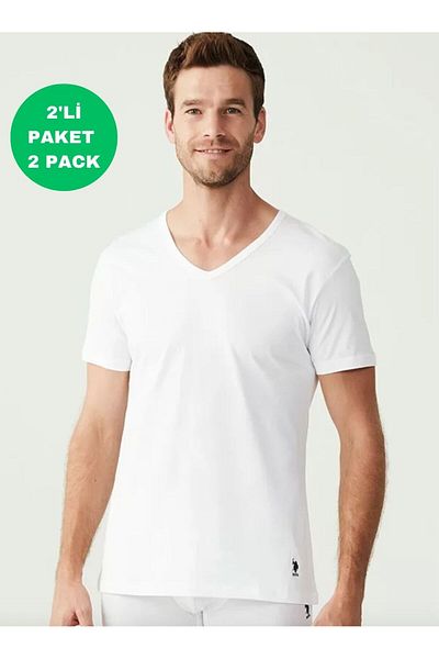 U.S. Polo Assn. قميص رجالي، مرخص، USPA، 100% قطن، مقاس كبير، رقبة على شكل حرف V، قطعتين، قميص داخلي بأكمام قصيرة