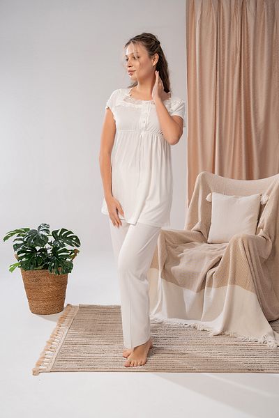LOHOUSE Women's Ecru Special Lace Design Maternity Maternity 3-Piece Pajama Set