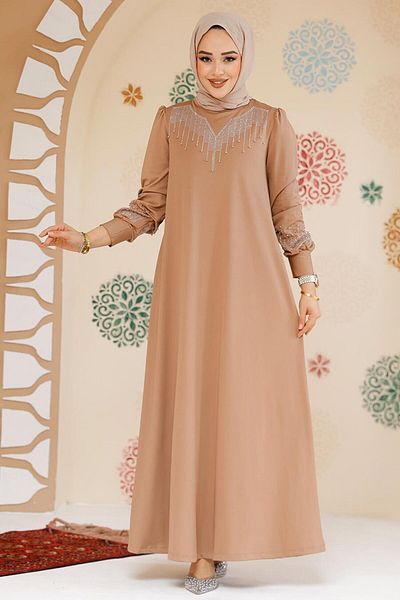 Neva Style Χάντρες Κεντημένο Μπισκότο Φόρεμα Hijab 23815BS