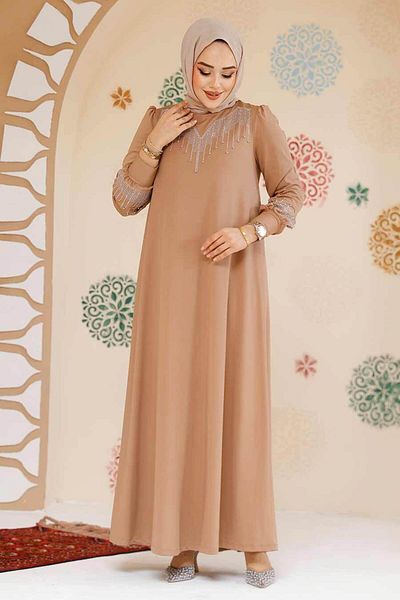 Neva Style Rochie Hijab Biscuit Brodată cu margele 23815BS