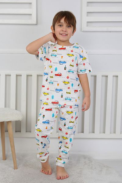 ZUZUNGA Kids Pajama Set with Colorful Cars Pattern - Short Sleeve and Top