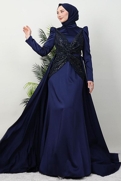 GİYZAMİLA Navy Blue Satin Butterfly Evening Dress